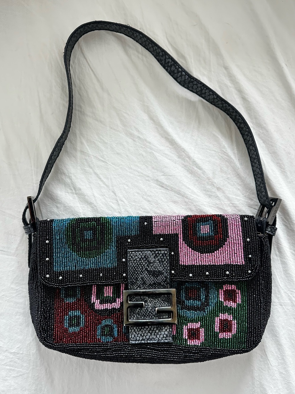 Fendi Zucca FF Lizard-Trim Beaded Baguette